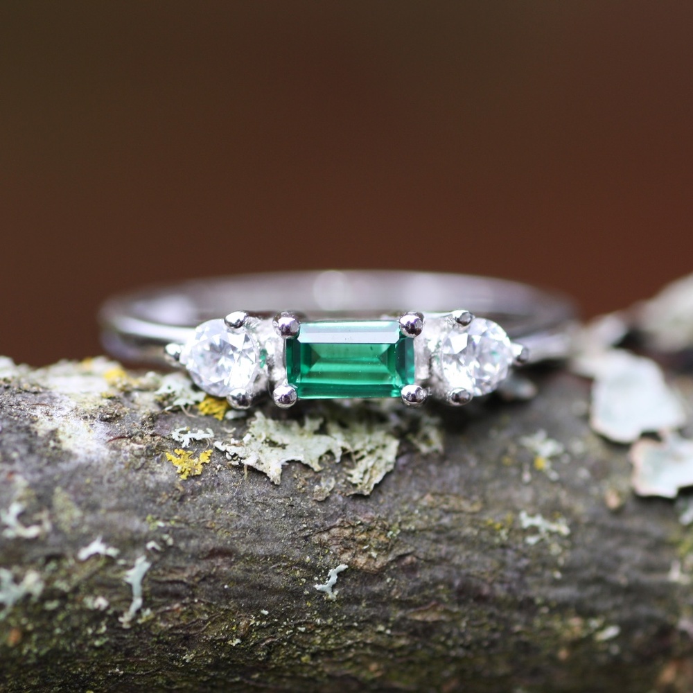 New East West Emerald Ring Sterling Silver , May Birthstone